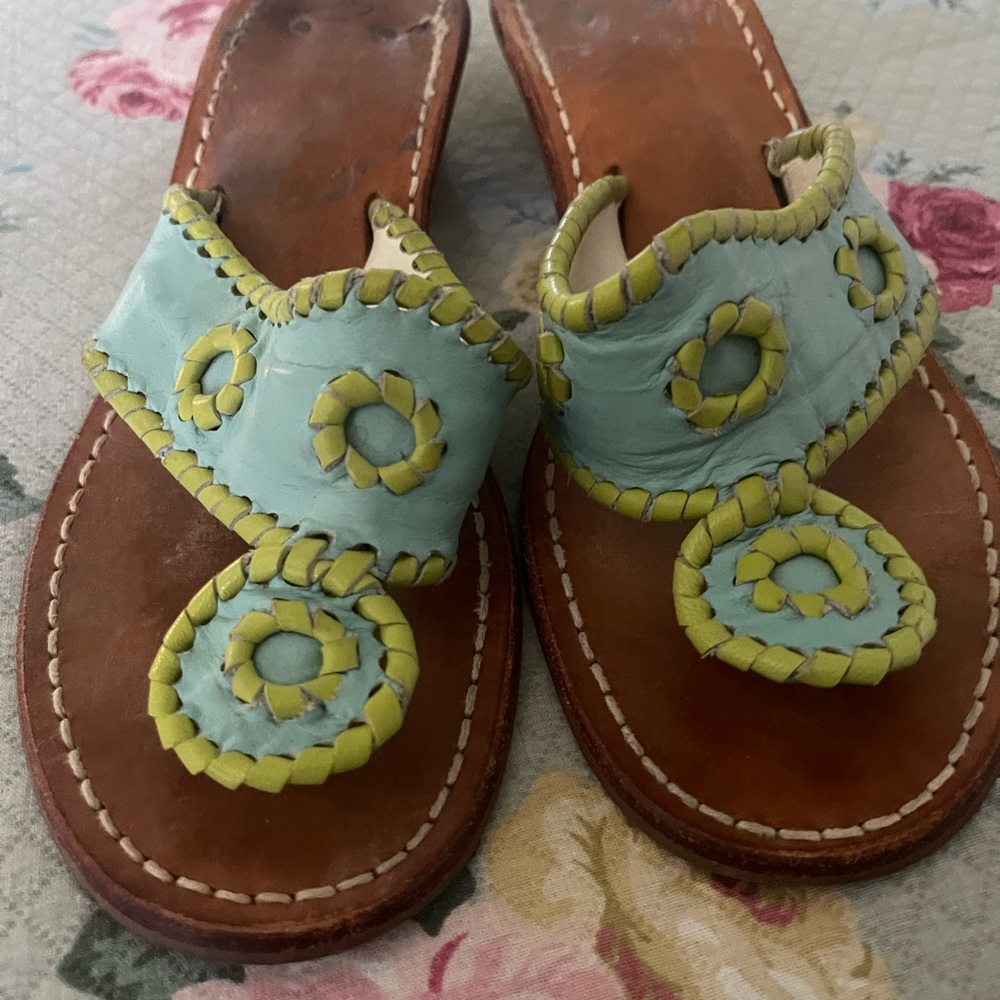 Vintage Jack Rogers Blue and Green Sandals with Decorative Design with heel RARE
